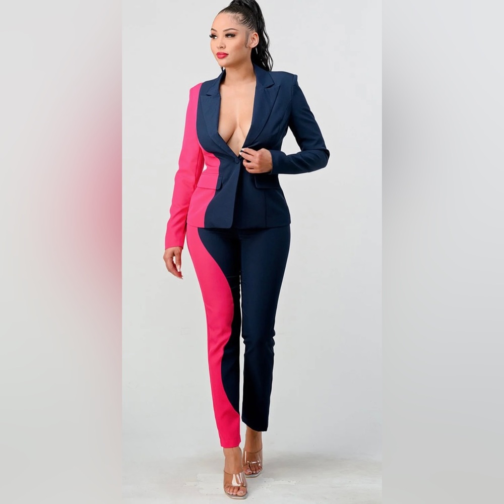 Navy & Pink Colorblock Business Suit